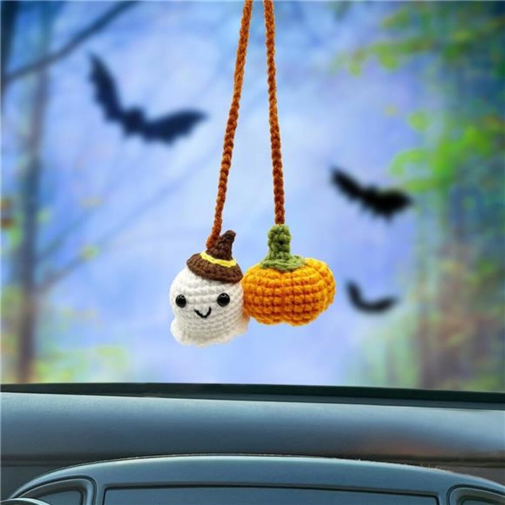 Crochet Car Mirror Hanging Accessories, Halloween Pumpkin and Ghost Cute Car